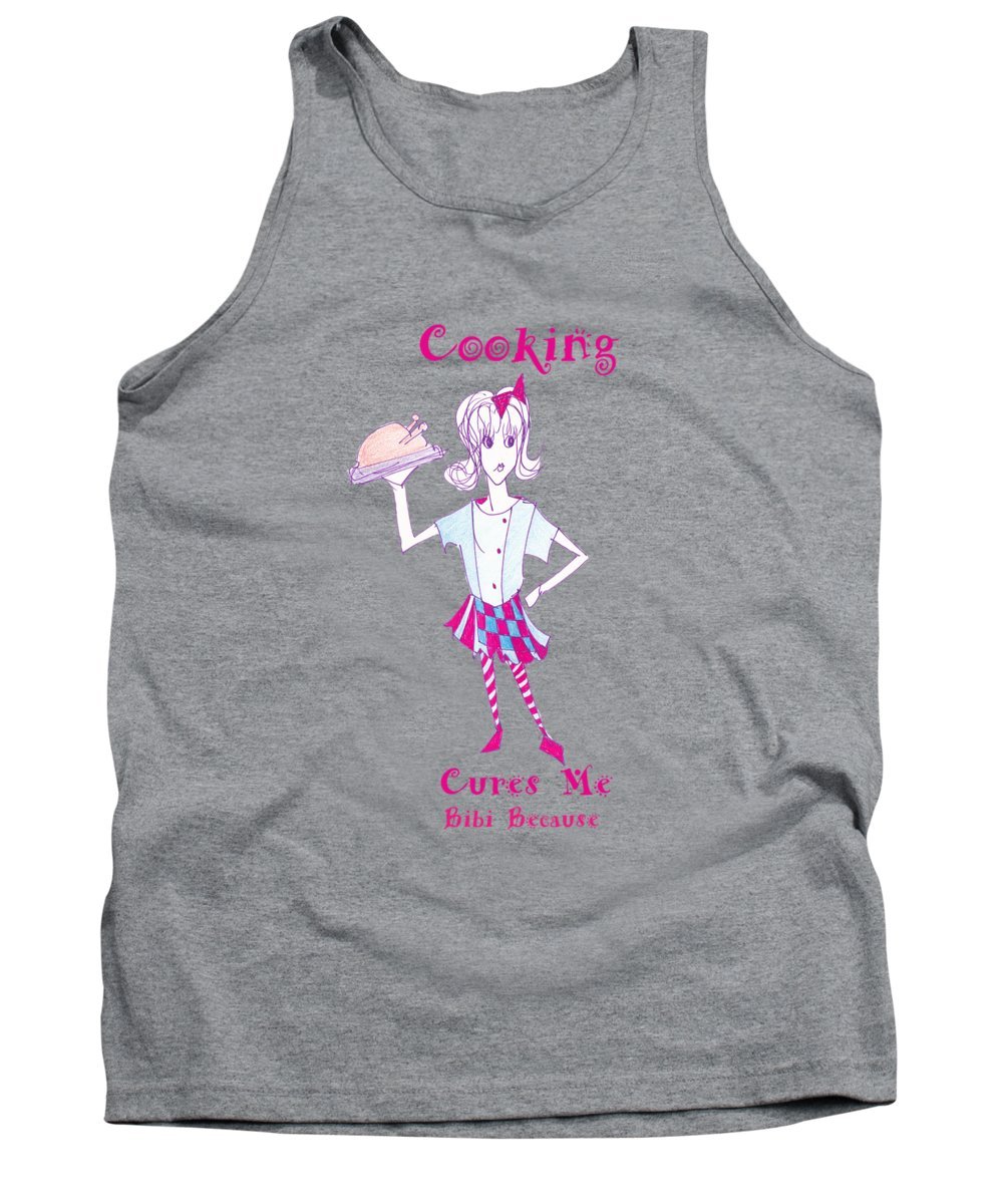 Cooking Cures Me Bibi tank top featuring a stylish design, made from a cotton-polyester blend, available in various sizes.